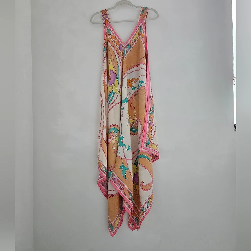 BRIJO Vintage Pastel Rolled Jacquard Silk Hankerchief V Tank Maxi Dress - Picture 4 of 16